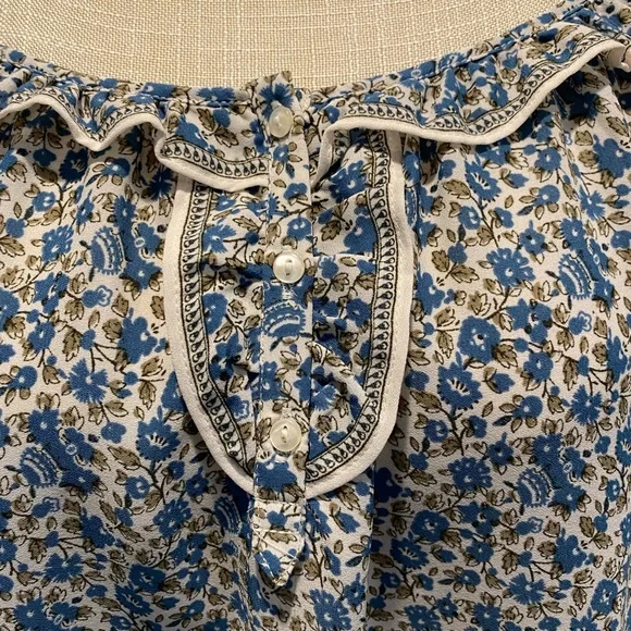 Max Studio Blue White Floral Peasant Blouse 1X Plus Size 3/4 Puff Sleeves - Picture 3 of 9